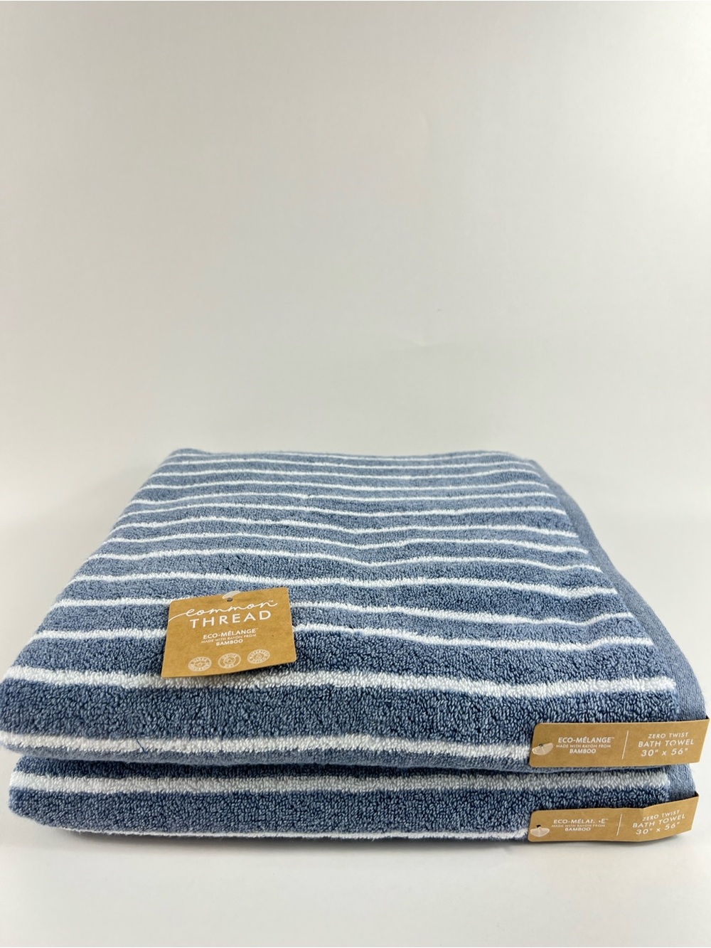Common Thread Bath Towels Bamboo Blue White Wide Stripe Cotton 2 Pc Set NEW